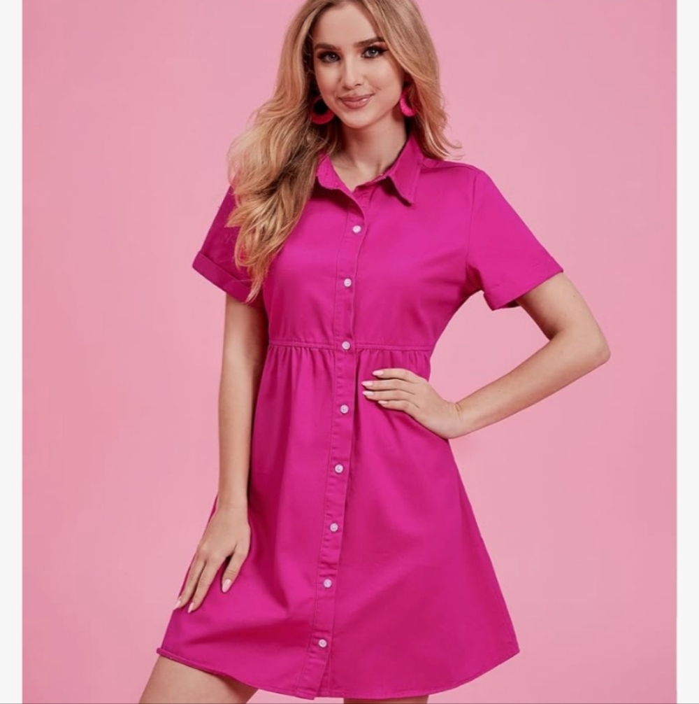 Denim midi shirt dress short sleeve button down tiered style. XL relaxed fit.